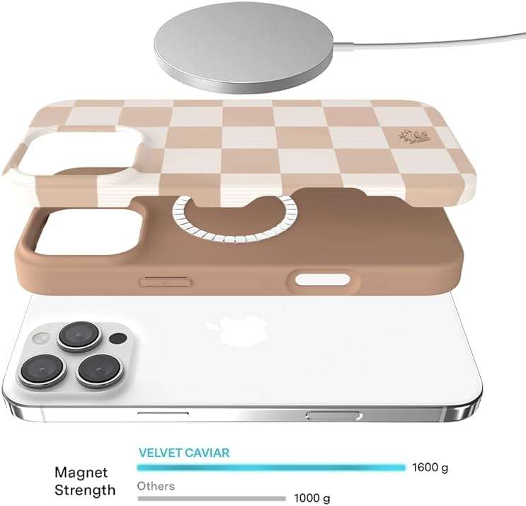 VELVET CAVIAR Checkered Phone Case for iPhone 16 Pro Max for Women - Compatible with MagSafe [10ft Drop Tested] - Girly Cute Protective Designer Cover - Nude Neutral Aesthetic - Image 3