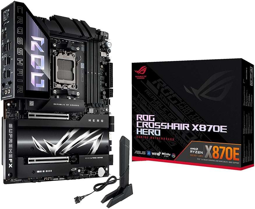 ASUS ROG Crosshair X870E Hero AMD X870E AM5 ATX Motherboard, Advanced AI PC Ready, 18+2+2 Power Stages, DDR5, PCIe® 5.0, 5X M.2, Wi-Fi 7, USB4®, AI Overclocking, Core Flex, PCIe Slot Q-Release Slim - Image 1
