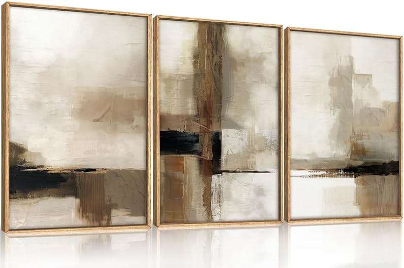 HOURIA Abstract Neutral Vintage Earth Tone Framed Canvas Wall Art Set,Modern Minimalist Rustic Brown Beige Wall Decor,Wabi Sabi Textured Brushstroke Artwork for Living Room,Bedroom,Farmhouse-16"x24"x3 - Image 1