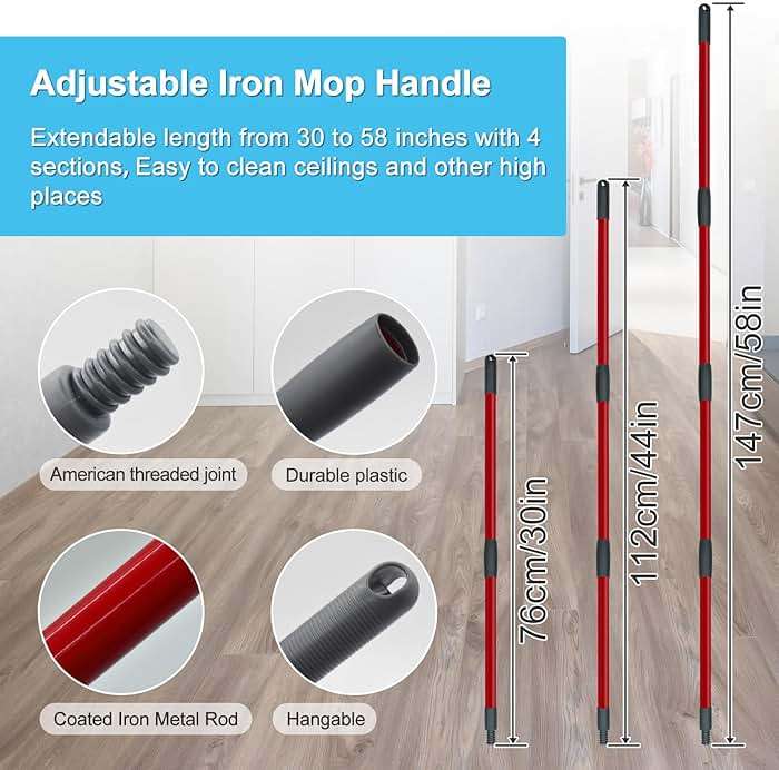 Spin Mop Handle, Mop Replace Heads, Scrubber Head and Base Replacement for O-Cedar EasyWring 1 Tank System, 2 Microfiber Mops Heads Replacements and 1 Scrub Brush, Use for Wet/Dry Hard Floor Cleaning - Image 4