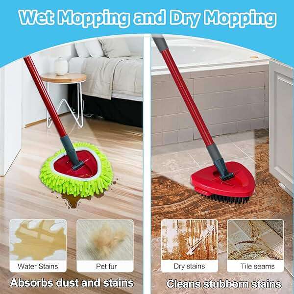 Spin Mop Handle, Mop Replace Heads, Scrubber Head and Base Replacement for O-Cedar EasyWring 1 Tank System, 2 Microfiber Mops Heads Replacements and 1 Scrub Brush, Use for Wet/Dry Hard Floor Cleaning - Image 6