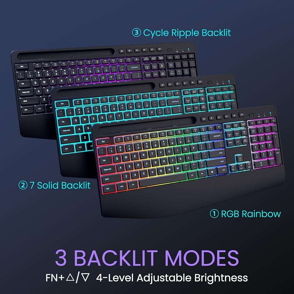 Wireless Keyboard and Mouse Combo- VEILZOR 2.4G Rechargeable Keyboard with Phone Holder, Ergonomic Wrist Rest, 9 RGB Backlit Effects, Silent Keyboard Mouse Set for Windows, Laptop, PC - Image 2