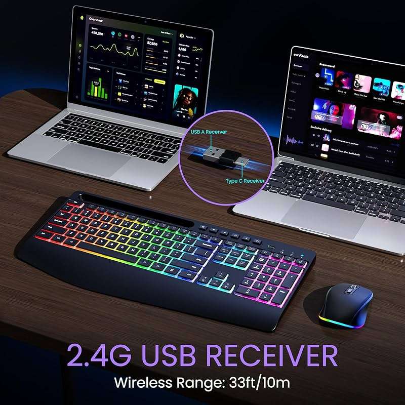 Wireless Keyboard and Mouse Combo- VEILZOR 2.4G Rechargeable Keyboard with Phone Holder, Ergonomic Wrist Rest, 9 RGB Backlit Effects, Silent Keyboard Mouse Set for Windows, Laptop, PC - Image 6