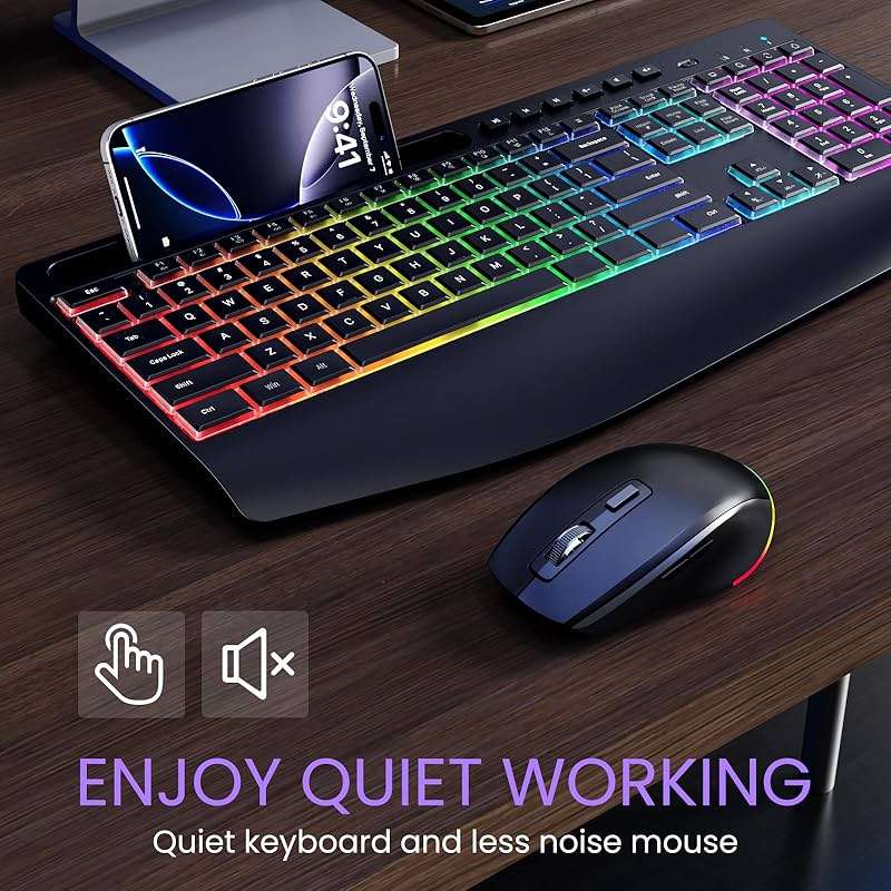 Wireless Keyboard and Mouse Combo- VEILZOR 2.4G Rechargeable Keyboard with Phone Holder, Ergonomic Wrist Rest, 9 RGB Backlit Effects, Silent Keyboard Mouse Set for Windows, Laptop, PC - Image 7
