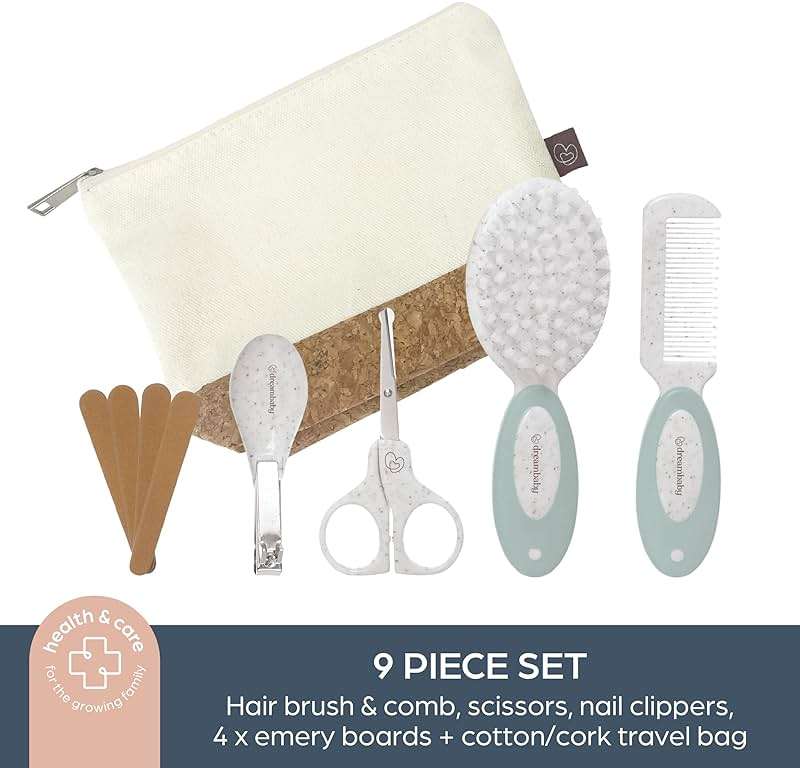 Dreambaby Neat and Tidy 9pc Baby Grooming Kit with Wheatgrass, Baby Hair Brush and Comb Set, Baby Essentials Baby Travel Essential in Cotton and Cork Bag, Eco Conscious Design - Image 6