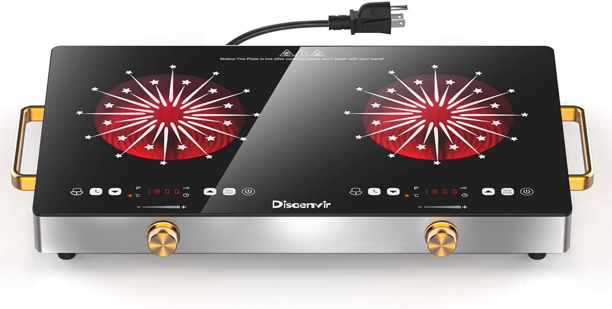 Disaenvir 2 Burner Electric Cooktop 110V - 24 Inch(22.2"x 13.07") Countertop Electric Stove with Handles 2000W, Two Burner Ceramic Burner with Touch and Knob Control, Timer, Safety Lock, 120V Plug in - Image 1