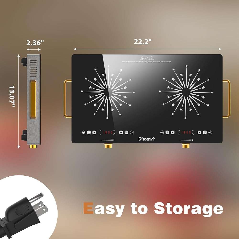 Disaenvir 2 Burner Electric Cooktop 110V - 24 Inch(22.2"x 13.07") Countertop Electric Stove with Handles 2000W, Two Burner Ceramic Burner with Touch and Knob Control, Timer, Safety Lock, 120V Plug in - Image 3