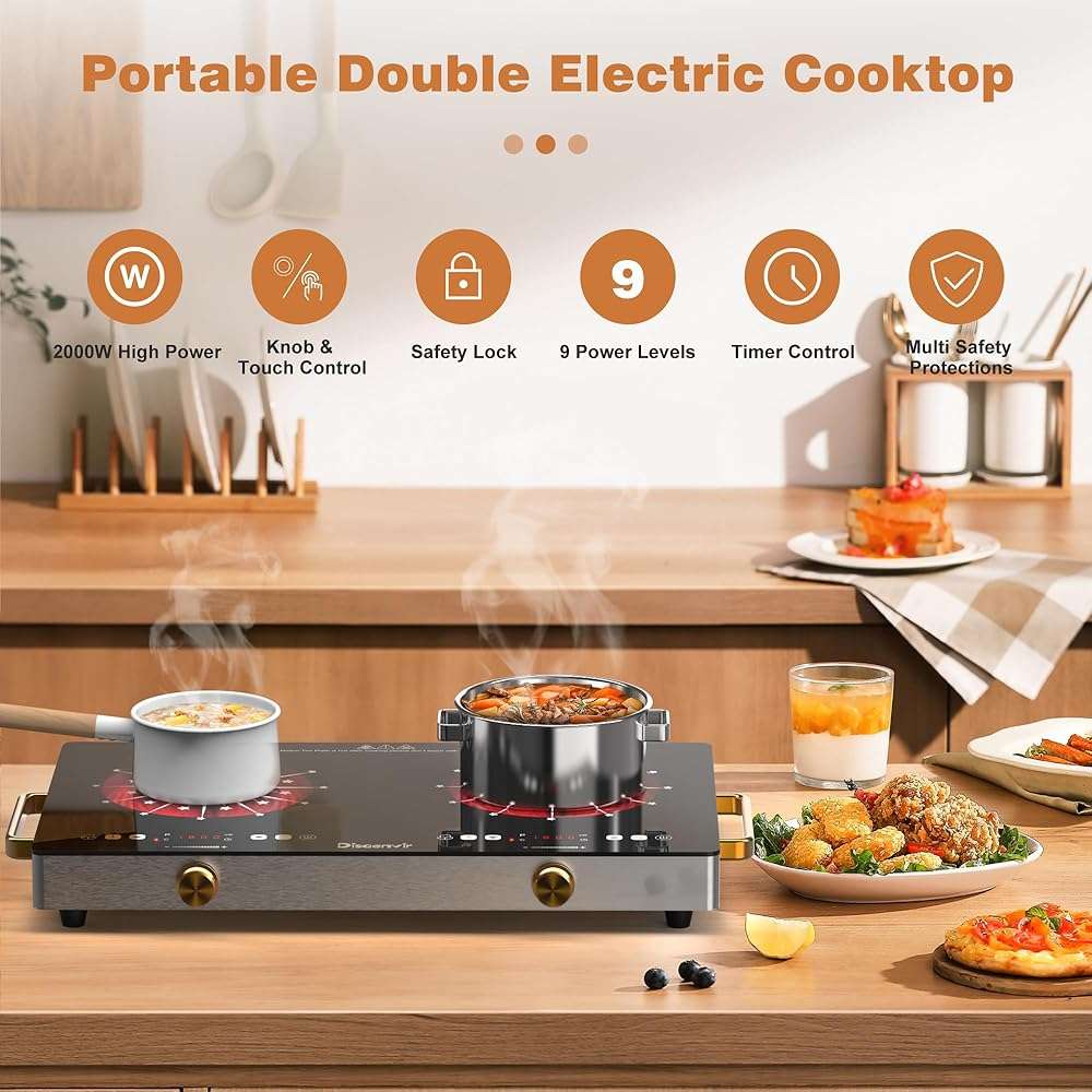 Disaenvir 2 Burner Electric Cooktop 110V - 24 Inch(22.2"x 13.07") Countertop Electric Stove with Handles 2000W, Two Burner Ceramic Burner with Touch and Knob Control, Timer, Safety Lock, 120V Plug in - Image 4
