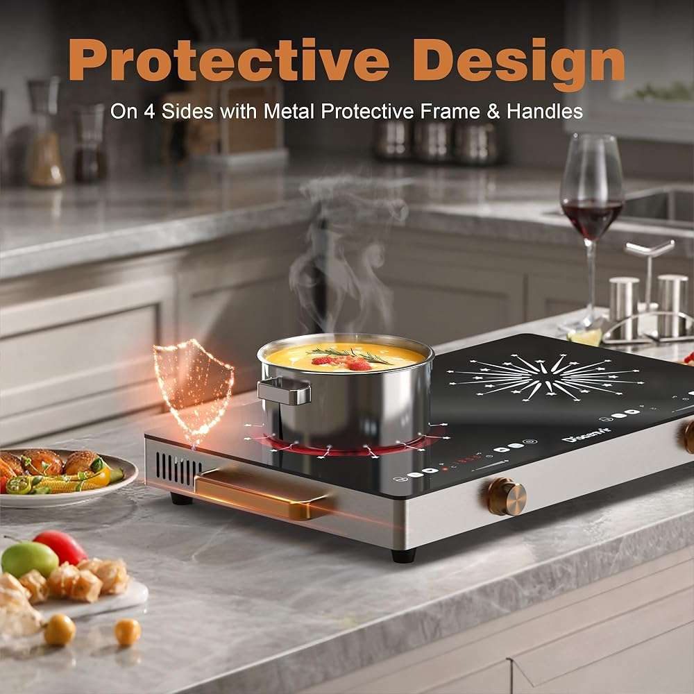 Disaenvir 2 Burner Electric Cooktop 110V - 24 Inch(22.2"x 13.07") Countertop Electric Stove with Handles 2000W, Two Burner Ceramic Burner with Touch and Knob Control, Timer, Safety Lock, 120V Plug in - Image 5