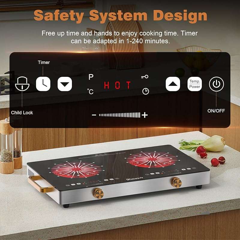 Disaenvir 2 Burner Electric Cooktop 110V - 24 Inch(22.2"x 13.07") Countertop Electric Stove with Handles 2000W, Two Burner Ceramic Burner with Touch and Knob Control, Timer, Safety Lock, 120V Plug in - Image 6