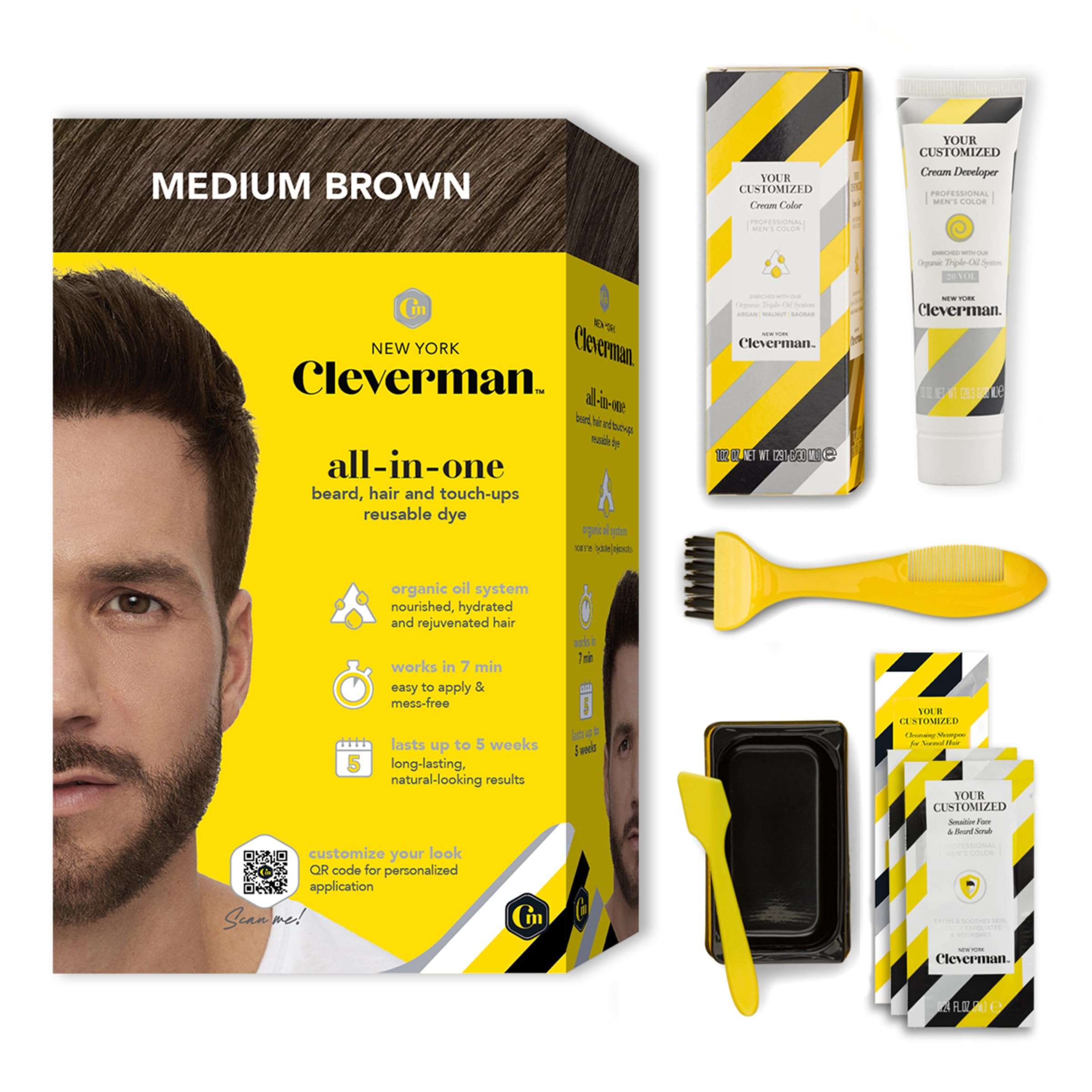 Reusable Hair & Beard Dye for Men – Medium Brown | Up to 5 Uses, 7 Minutes | Natural Gray Coverage, No-Drip Cream with SkinArmour – Cleverman - Image 1
