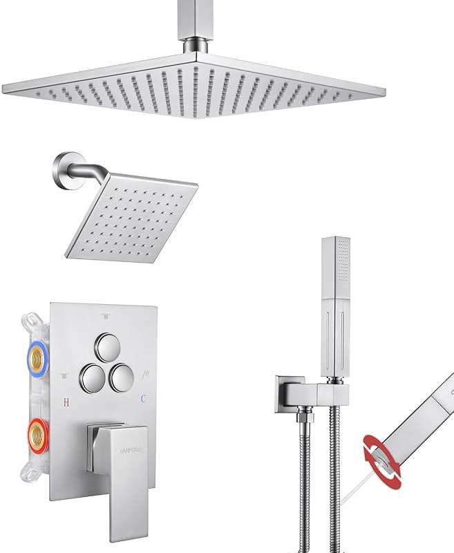VANFOXLE Shower Faucet Set Brushed Nickel Shower System, Push Button Diverter Shower Faucet with Trim Kit, Ceiling Mount 10 Inch Shower Head Increased Thick, 6 Inch Side Shower Head, 2-in-1 Handheld - Image 1