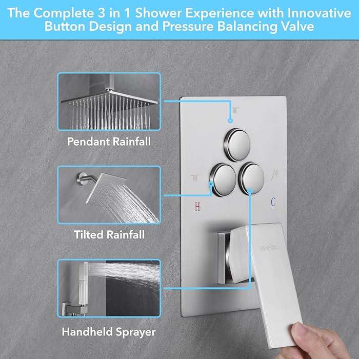VANFOXLE Shower Faucet Set Brushed Nickel Shower System, Push Button Diverter Shower Faucet with Trim Kit, Ceiling Mount 10 Inch Shower Head Increased Thick, 6 Inch Side Shower Head, 2-in-1 Handheld - Image 2