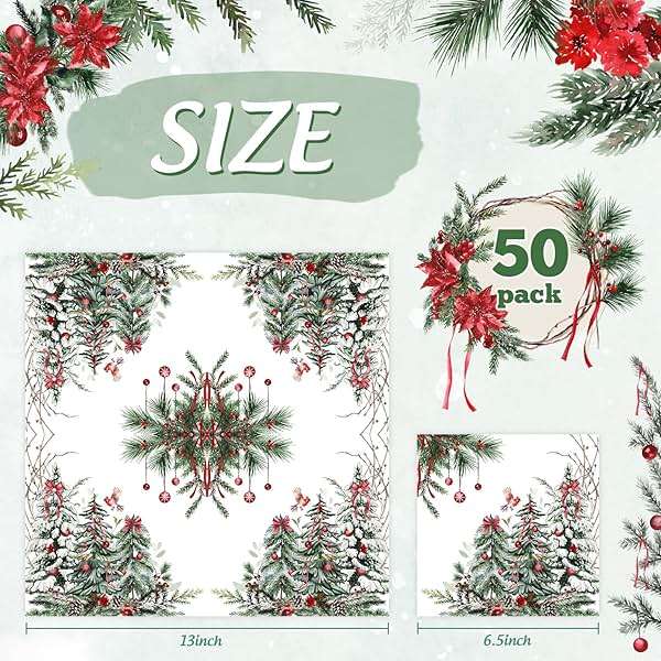 Quera 50 Pack Christmas Cocktail Beverage Napkins Disposable Paper Decorative Decorative Table Napkin for New Year Winter Dinner Merry Christmas Holiday Xmas Party Supplies - Image 2