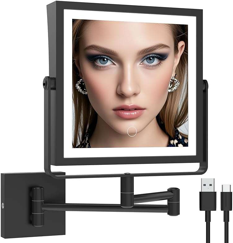 Ruacq Rechargeable Wall Mounted Makeup Mirror with Lights, Double Sided 1X/10X Magnifying Vanity Mirror with 3 Color Lighting, Touch Screen Dimmable, 360° Rotation Extension Foldable Arm(Matte Black) - Image 1