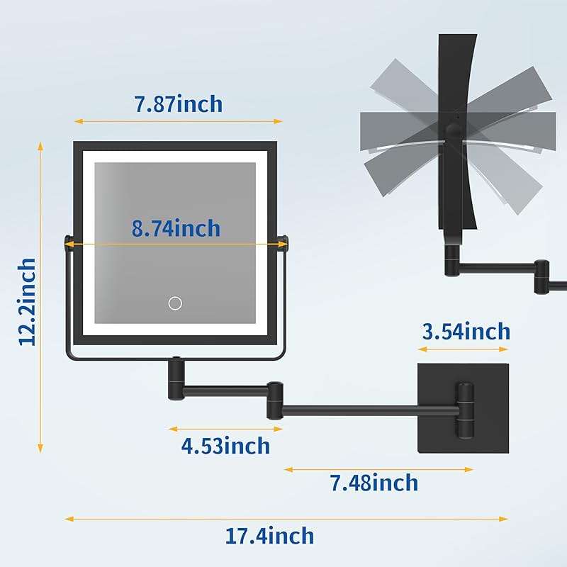 Ruacq Rechargeable Wall Mounted Makeup Mirror with Lights, Double Sided 1X/10X Magnifying Vanity Mirror with 3 Color Lighting, Touch Screen Dimmable, 360° Rotation Extension Foldable Arm(Matte Black) - Image 2