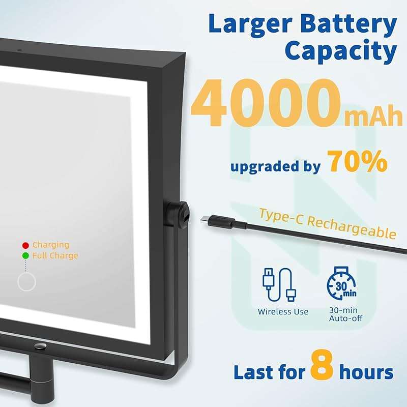 Ruacq Rechargeable Wall Mounted Makeup Mirror with Lights, Double Sided 1X/10X Magnifying Vanity Mirror with 3 Color Lighting, Touch Screen Dimmable, 360° Rotation Extension Foldable Arm(Matte Black) - Image 4