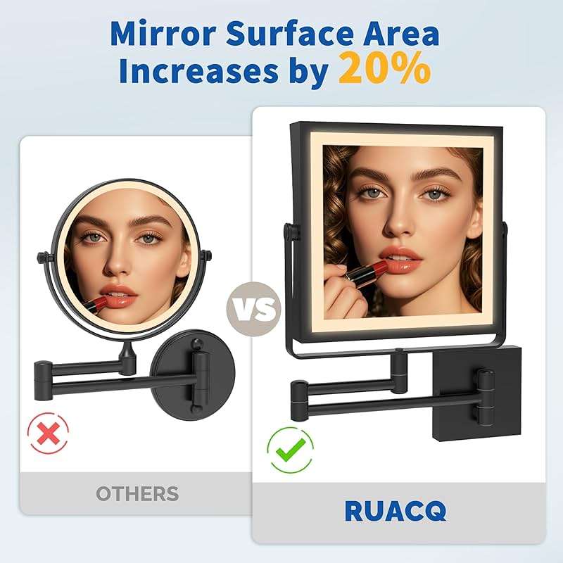 Ruacq Rechargeable Wall Mounted Makeup Mirror with Lights, Double Sided 1X/10X Magnifying Vanity Mirror with 3 Color Lighting, Touch Screen Dimmable, 360° Rotation Extension Foldable Arm(Matte Black) - Image 5