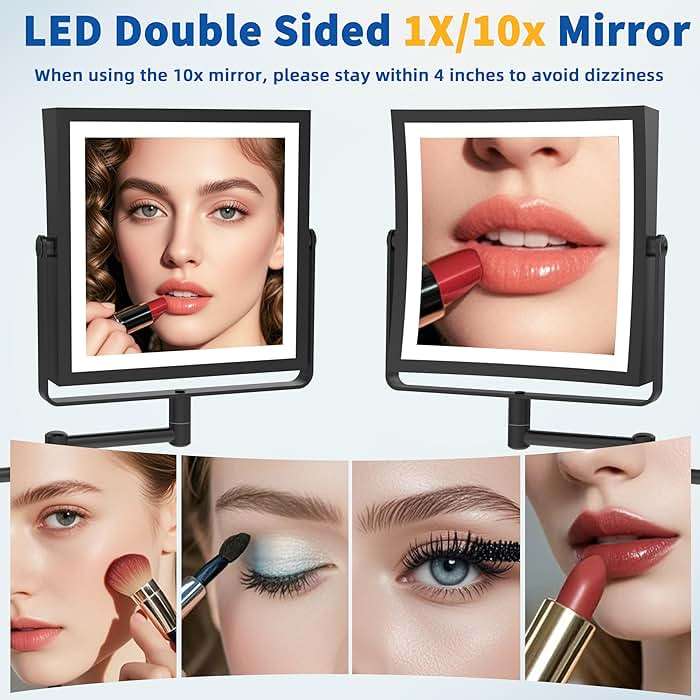 Ruacq Rechargeable Wall Mounted Makeup Mirror with Lights, Double Sided 1X/10X Magnifying Vanity Mirror with 3 Color Lighting, Touch Screen Dimmable, 360° Rotation Extension Foldable Arm(Matte Black) - Image 6