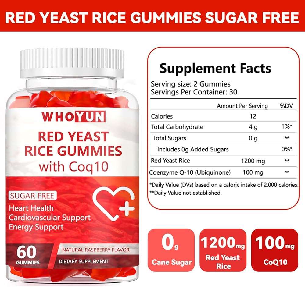 Whoyun Red Yeast Rice with Coq10 Gummies Sugar Free, Red Yeast Rice Supplement - Image 2