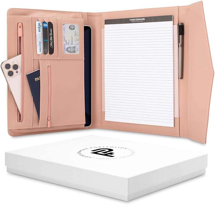 FOREVERMORE PORTFOLIOS Padfolio Binder Organizer for Women | Faux Leather Portfolio Folder for Resume, Documents, Notebook, Tablet and Business Cards | Notepad Included - Pink - Image 1