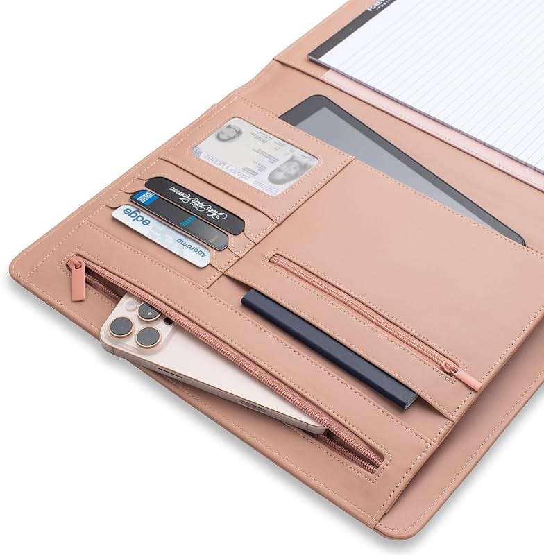 FOREVERMORE PORTFOLIOS Padfolio Binder Organizer for Women | Faux Leather Portfolio Folder for Resume, Documents, Notebook, Tablet and Business Cards | Notepad Included - Pink - Image 3