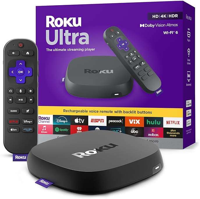 Roku Ultra - Ultimate Streaming Player - 4K Streaming Device for TV with HDR10+, Dolby Vision & Atmos - Bluetooth & Wi-Fi 6 - Rechargeable Voice Remote Pro with Backlit Buttons - Free & Live TV - Image 1