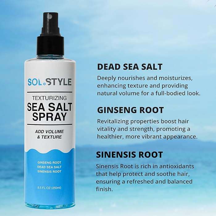 Sol Style Texturizing Sea Salt Spray – Adds Instant Volume, Texture & Thickness, Dead Sea Salt & Ginseng Root for Hair Strength & Health, Natural Beach Wavy Style for Men & Women | 8.5 oz - Image 3