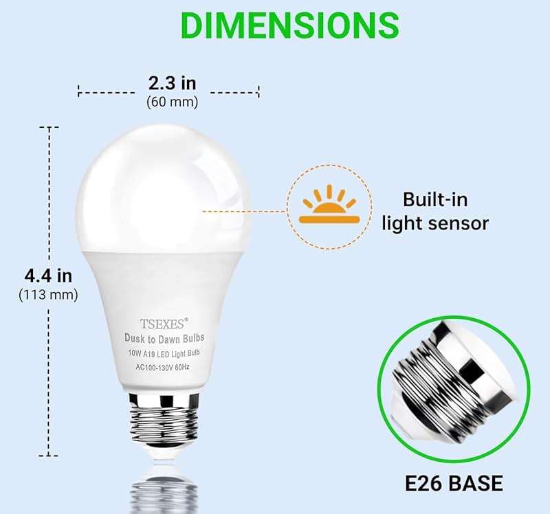 TSEXES 12W Motion Sensor Light Bulbs (100W Equivalent), 5000K Daylight, Motion Activated Light Bulb with Dusk to Dawn Sensor for Outdoor Patio Yard Porch, 4-Pack - Image 4