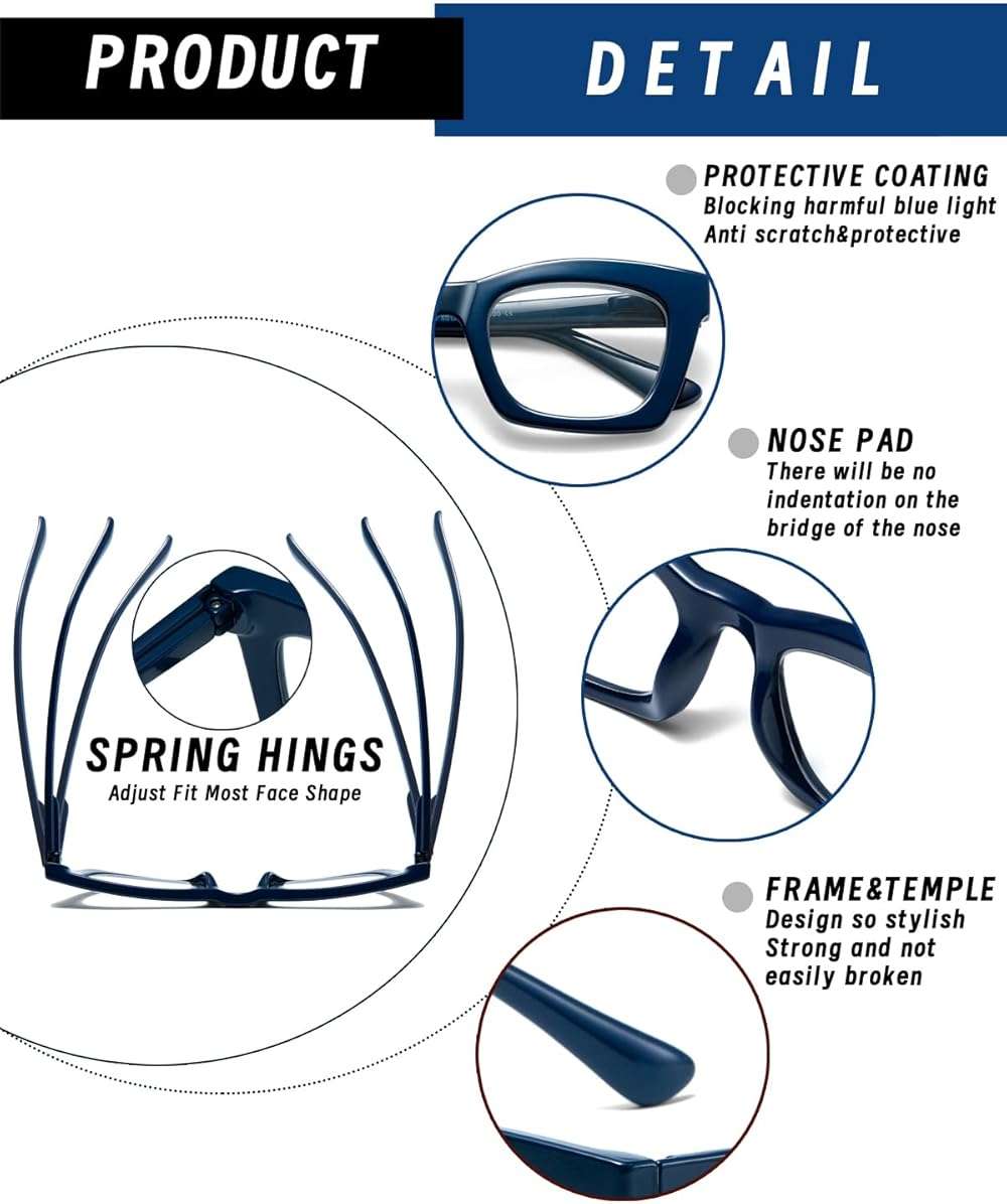 Hubeye Square Reading Glasses for Women Men Blue Light Blocking Computer Fashion Style Readers with Spring Hinge - Image 3