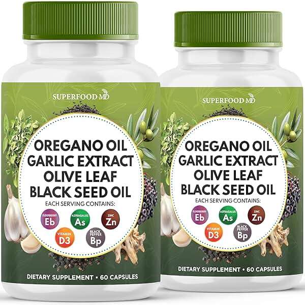 Superfood MD Oregano Oil, Garlic Extract, Olive Leaf, Black Seed Oil, Astragalus-Immune Support & Digestive Health Supplement for Women and Men- 120 Count - Image 1
