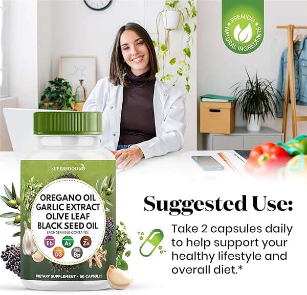 Superfood MD Oregano Oil, Garlic Extract, Olive Leaf, Black Seed Oil, Astragalus-Immune Support & Digestive Health Supplement for Women and Men- 120 Count - Image 6