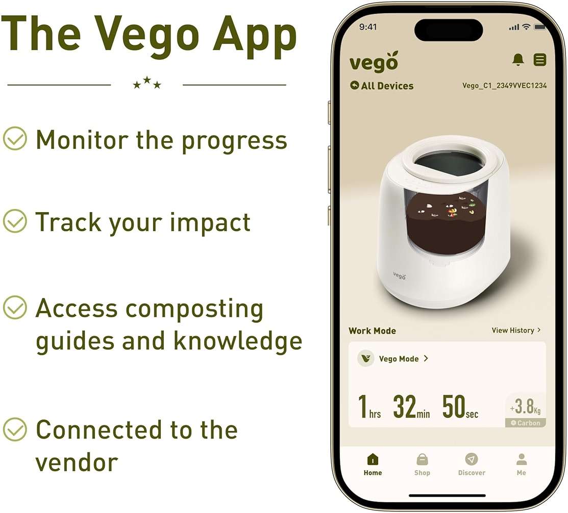 Vego Kitchen Composter, 4L Electric Composter Countertop 5 Modes Weight-Based Smart Compost Bin with App Odorless Auto-Cleaning Food Waste Compost Machine Indoor, Black - Image 4