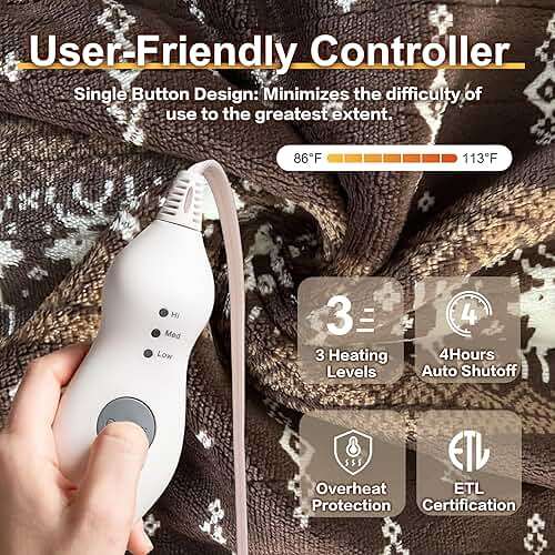 Gintao Electric Heated Blanket Throw,Double Flannel Electric Throw with 3 Heating Levels,ETL&FCC Certified, 4H Auto Off Overheat Protection,Heating Blanket for Home Office, 50"x60"Brown - Image 4