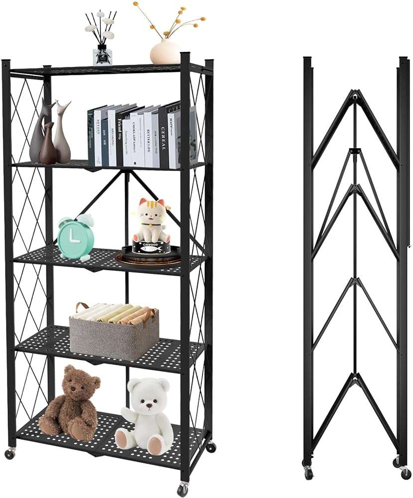Yuanjimi 5 Tier Folding Shelf with Wheels,Metal Steel Collapsible Shelves,No Assembly Portable Shelves Organizer Rack,Rolling Standing Utility Rack for Kitchen, Pantry, Office, Black - Image 1