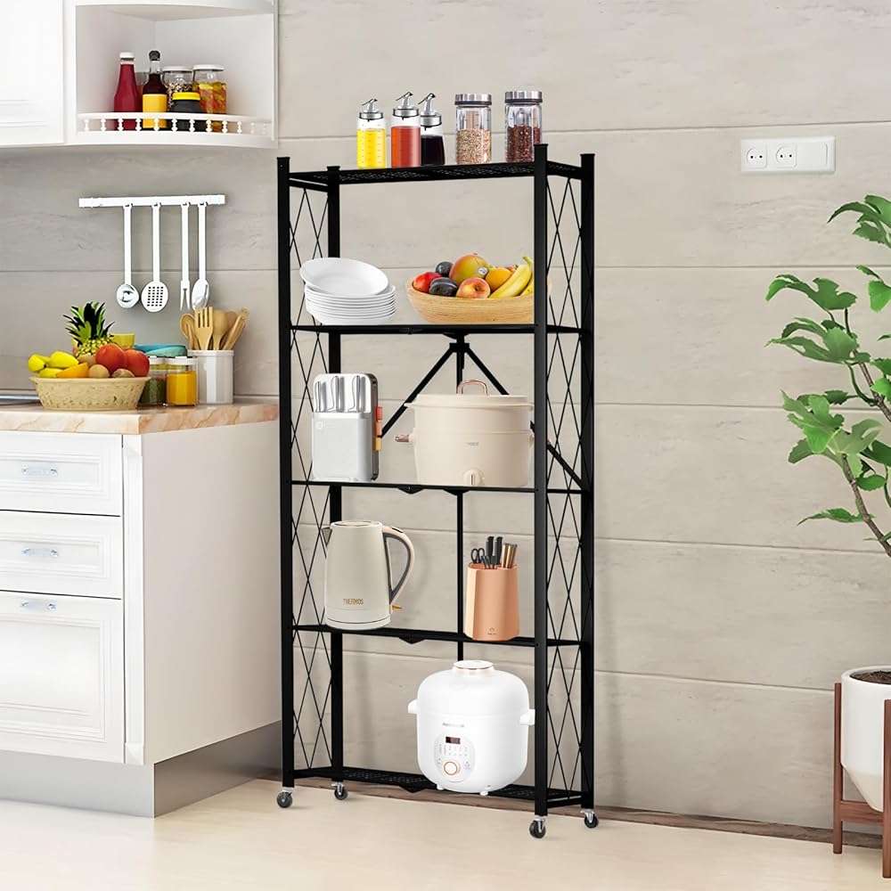 Yuanjimi 5 Tier Folding Shelf with Wheels,Metal Steel Collapsible Shelves,No Assembly Portable Shelves Organizer Rack,Rolling Standing Utility Rack for Kitchen, Pantry, Office, Black - Image 2
