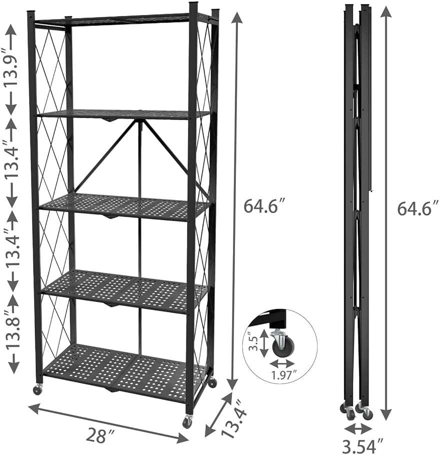Yuanjimi 5 Tier Folding Shelf with Wheels,Metal Steel Collapsible Shelves,No Assembly Portable Shelves Organizer Rack,Rolling Standing Utility Rack for Kitchen, Pantry, Office, Black - Image 3