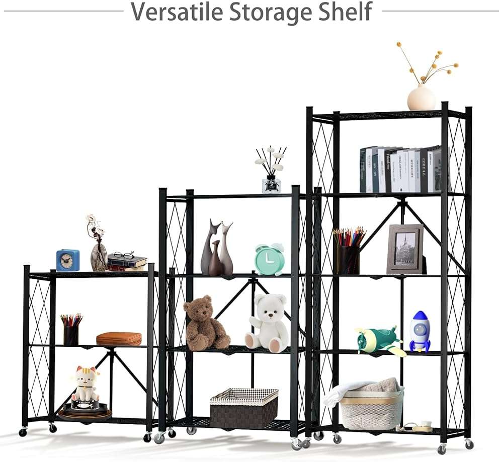 Yuanjimi 5 Tier Folding Shelf with Wheels,Metal Steel Collapsible Shelves,No Assembly Portable Shelves Organizer Rack,Rolling Standing Utility Rack for Kitchen, Pantry, Office, Black - Image 4