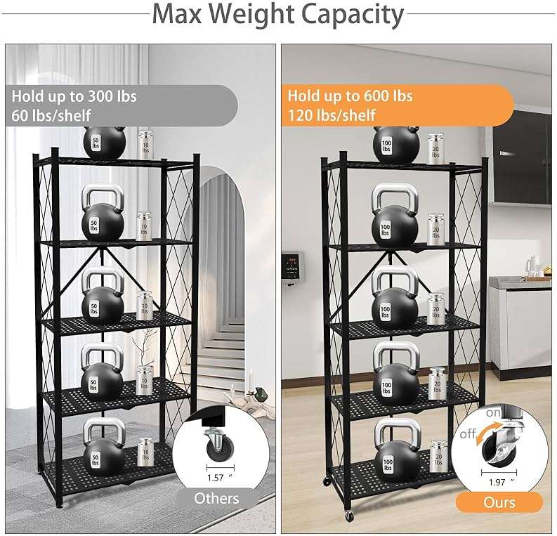 Yuanjimi 5 Tier Folding Shelf with Wheels,Metal Steel Collapsible Shelves,No Assembly Portable Shelves Organizer Rack,Rolling Standing Utility Rack for Kitchen, Pantry, Office, Black - Image 5
