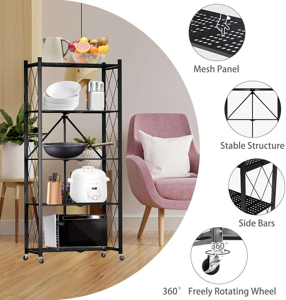 Yuanjimi 5 Tier Folding Shelf with Wheels,Metal Steel Collapsible Shelves,No Assembly Portable Shelves Organizer Rack,Rolling Standing Utility Rack for Kitchen, Pantry, Office, Black - Image 6