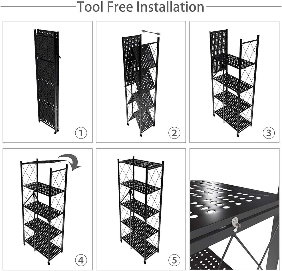 Yuanjimi 5 Tier Folding Shelf with Wheels,Metal Steel Collapsible Shelves,No Assembly Portable Shelves Organizer Rack,Rolling Standing Utility Rack for Kitchen, Pantry, Office, Black - Image 7