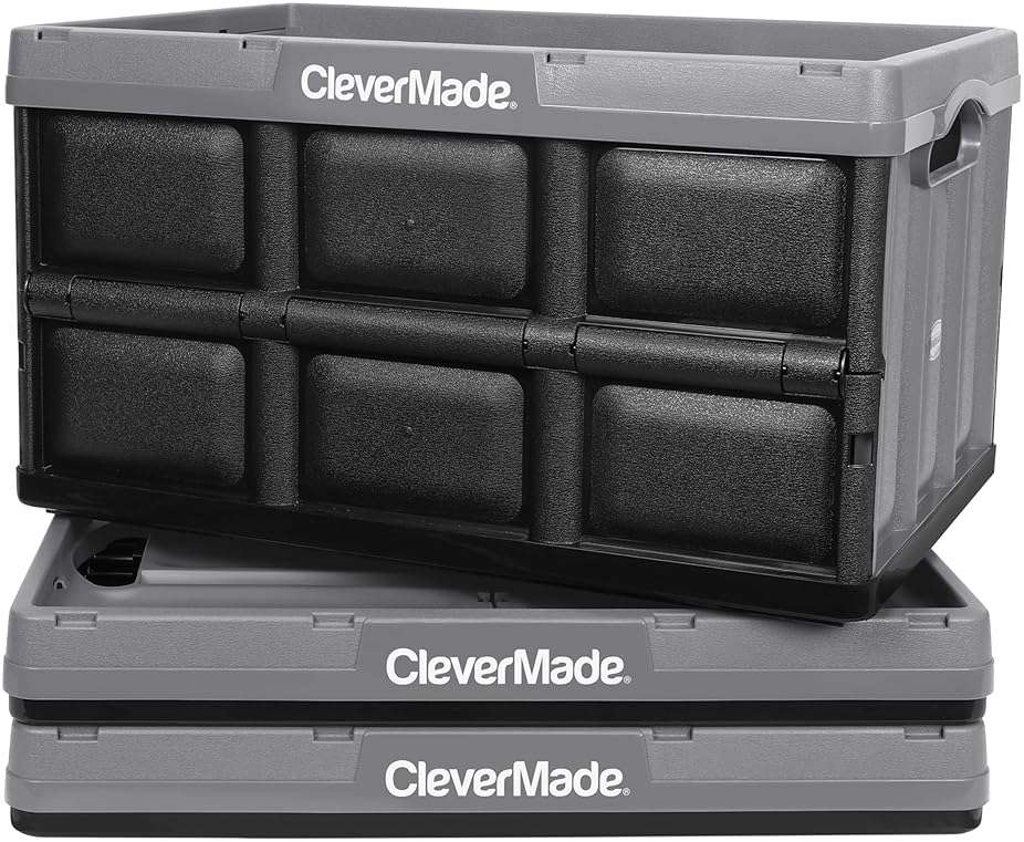 CleverMade Collapsible Storage Bins 46L (3-Pack) – Heavy Duty Collapsible Plastic Storage Bins, Stackable Folding Storage Bins for Car, Garage, Home Organization - Foldable Bins, Stone - Image 1
