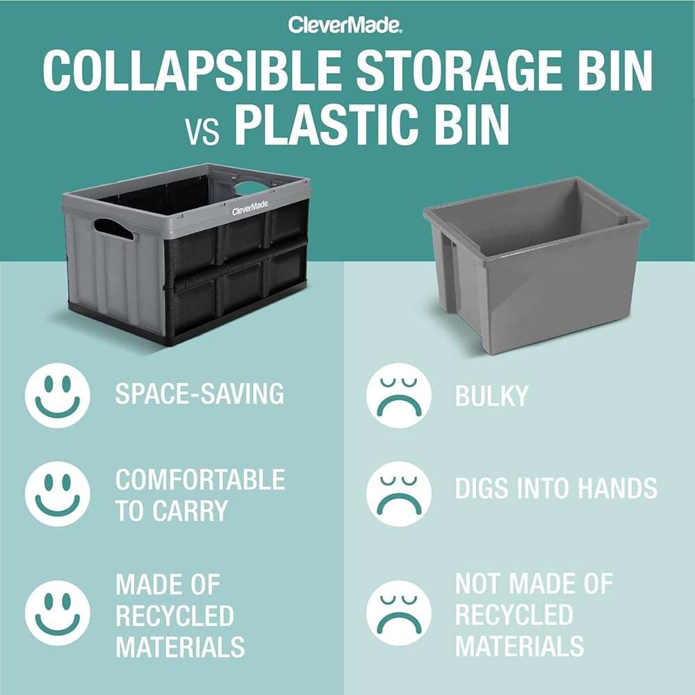 CleverMade Collapsible Storage Bins 46L (3-Pack) – Heavy Duty Collapsible Plastic Storage Bins, Stackable Folding Storage Bins for Car, Garage, Home Organization - Foldable Bins, Stone - Image 4