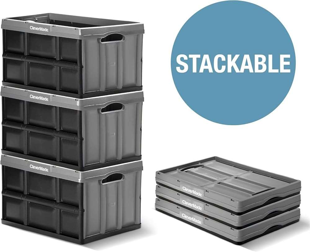 CleverMade Collapsible Storage Bins 46L (3-Pack) – Heavy Duty Collapsible Plastic Storage Bins, Stackable Folding Storage Bins for Car, Garage, Home Organization - Foldable Bins, Stone - Image 6