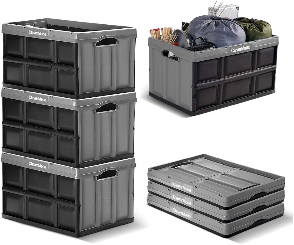 CleverMade Collapsible Storage Bins 46L (3-Pack) – Heavy Duty Collapsible Plastic Storage Bins, Stackable Folding Storage Bins for Car, Garage, Home Organization - Foldable Bins, Stone - Image 9