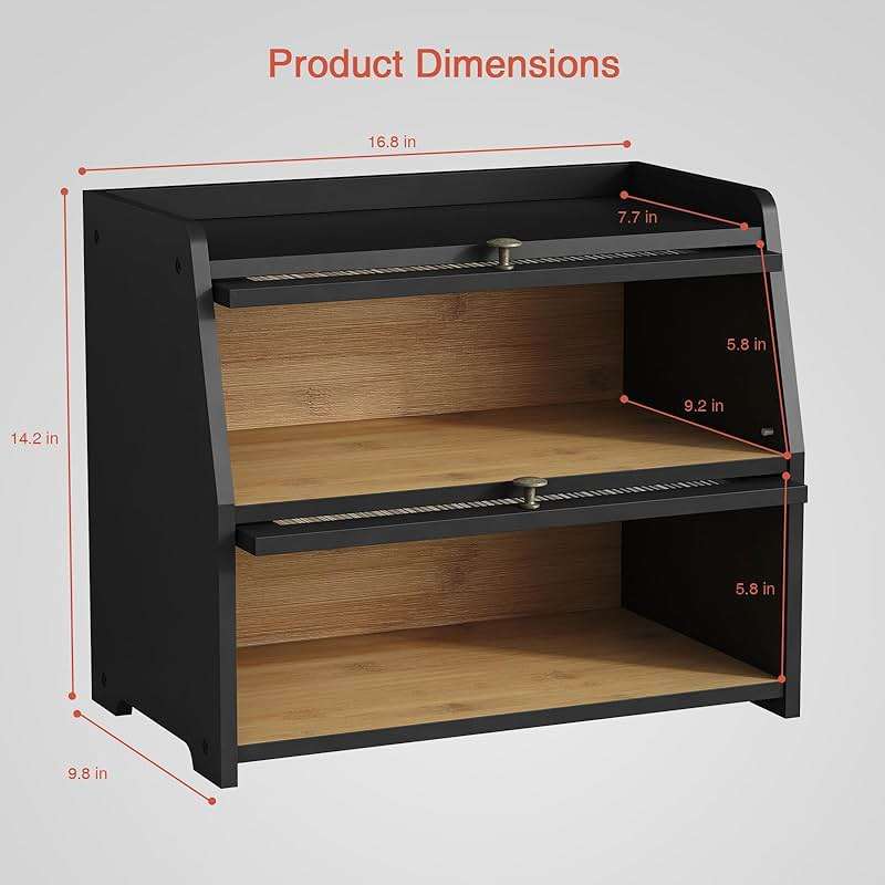 Goozii Large Bread Box for Kitchen Countertop, Black Bread Storage Container for Homemade Bread, Double Layer Farmhouse Breadbox Organizer for Kitchen Counter Cabinet, Pantry, Cupboard (Black) - Image 2