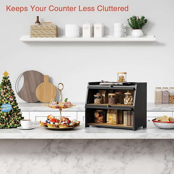 Goozii Large Bread Box for Kitchen Countertop, Black Bread Storage Container for Homemade Bread, Double Layer Farmhouse Breadbox Organizer for Kitchen Counter Cabinet, Pantry, Cupboard (Black) - Image 4