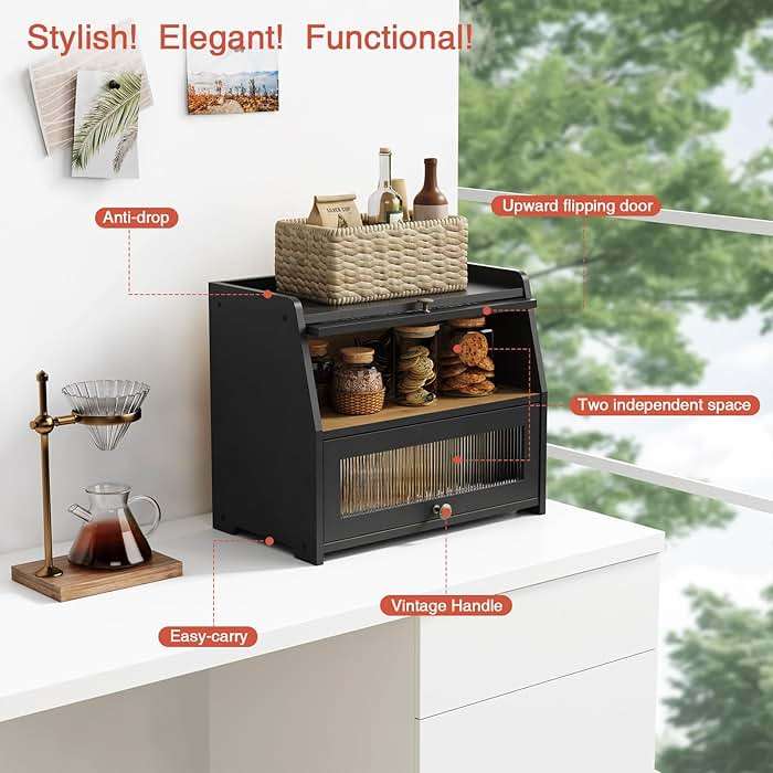 Goozii Large Bread Box for Kitchen Countertop, Black Bread Storage Container for Homemade Bread, Double Layer Farmhouse Breadbox Organizer for Kitchen Counter Cabinet, Pantry, Cupboard (Black) - Image 5