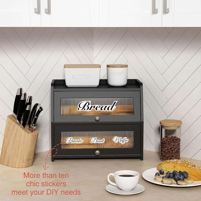Goozii Large Bread Box for Kitchen Countertop, Black Bread Storage Container for Homemade Bread, Double Layer Farmhouse Breadbox Organizer for Kitchen Counter Cabinet, Pantry, Cupboard (Black) - Image 6
