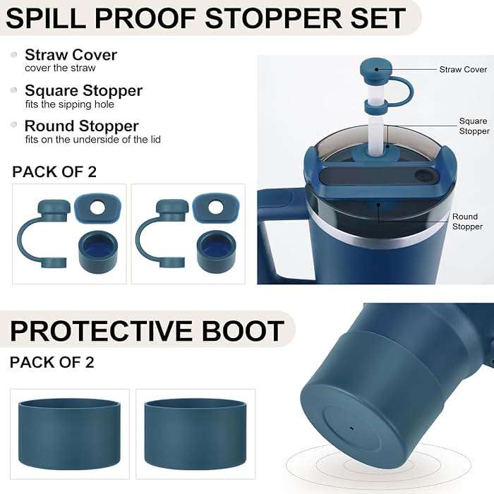 HYZ 8 Piece Accessories for Stanley Cup, Silicone Spill Proof Stopper Set and Protective Boot Including Straw Cover Cap for Stanley H2.0 20oz 30oz 40oz Tumbler, Blue Spruce - Image 2